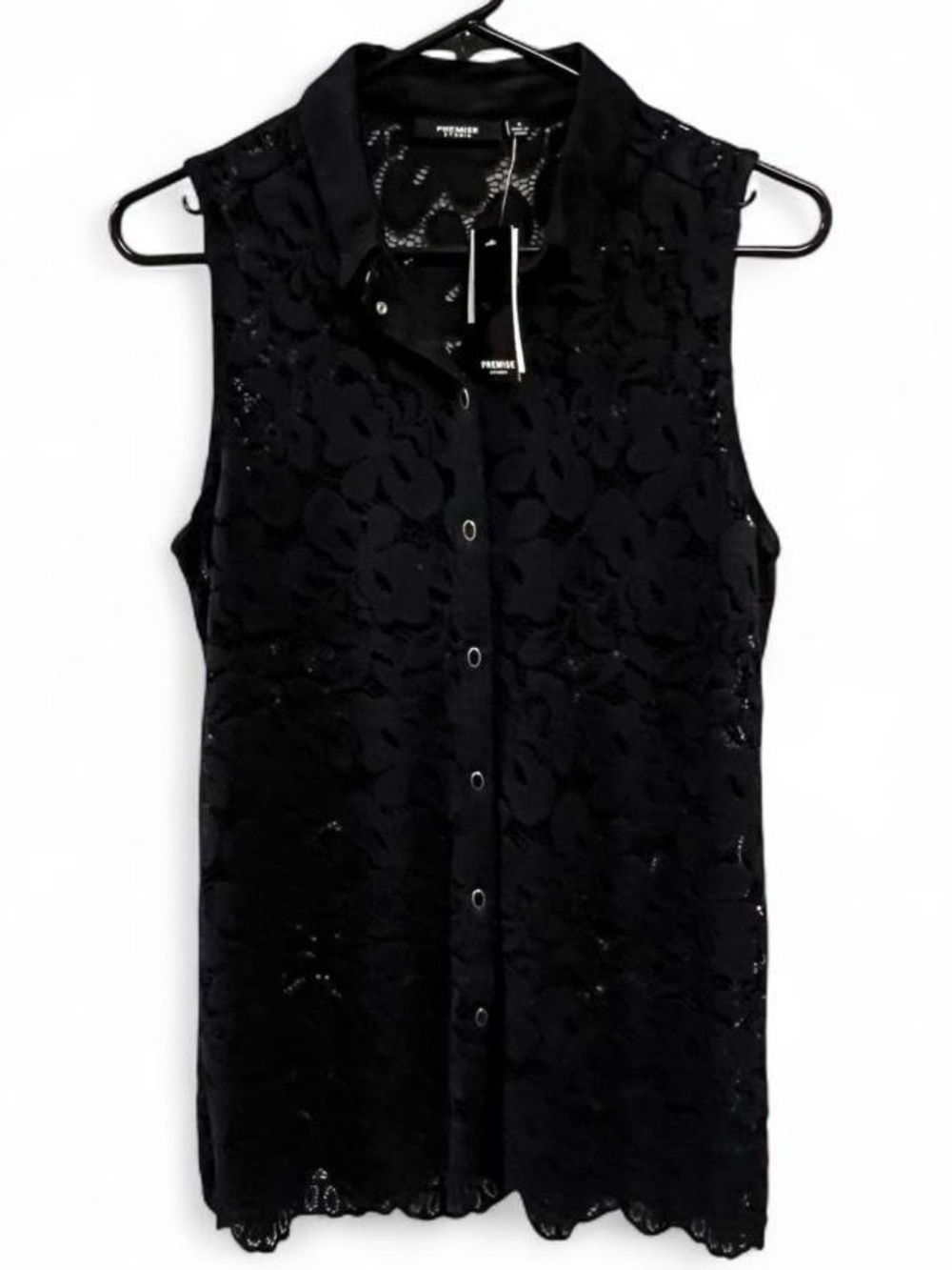 NWT Premise Studio Black Sheer Lace Sleeveless Button Up Collar Shirt Size Small
